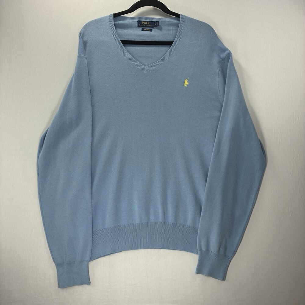 Polo Ralph Lauren Mens L V Neck Sweater Blue Pima Cotton Yellow Pony